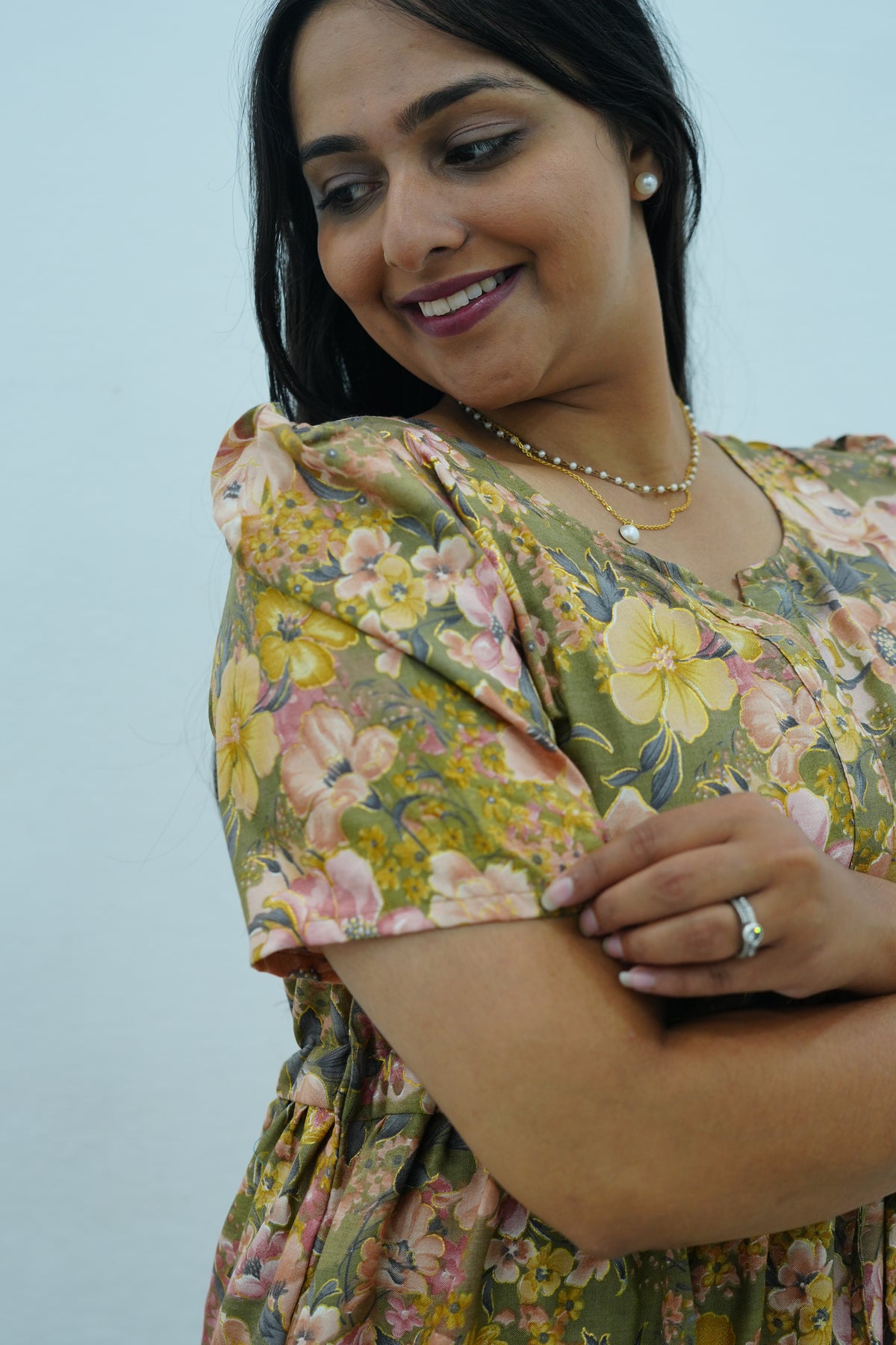 Vintage Earthy Floral Rayon Foil Print Maxi Dress – Puff Sleeve Tiered Frock with Adjustable Waist Tie & Side Pockets