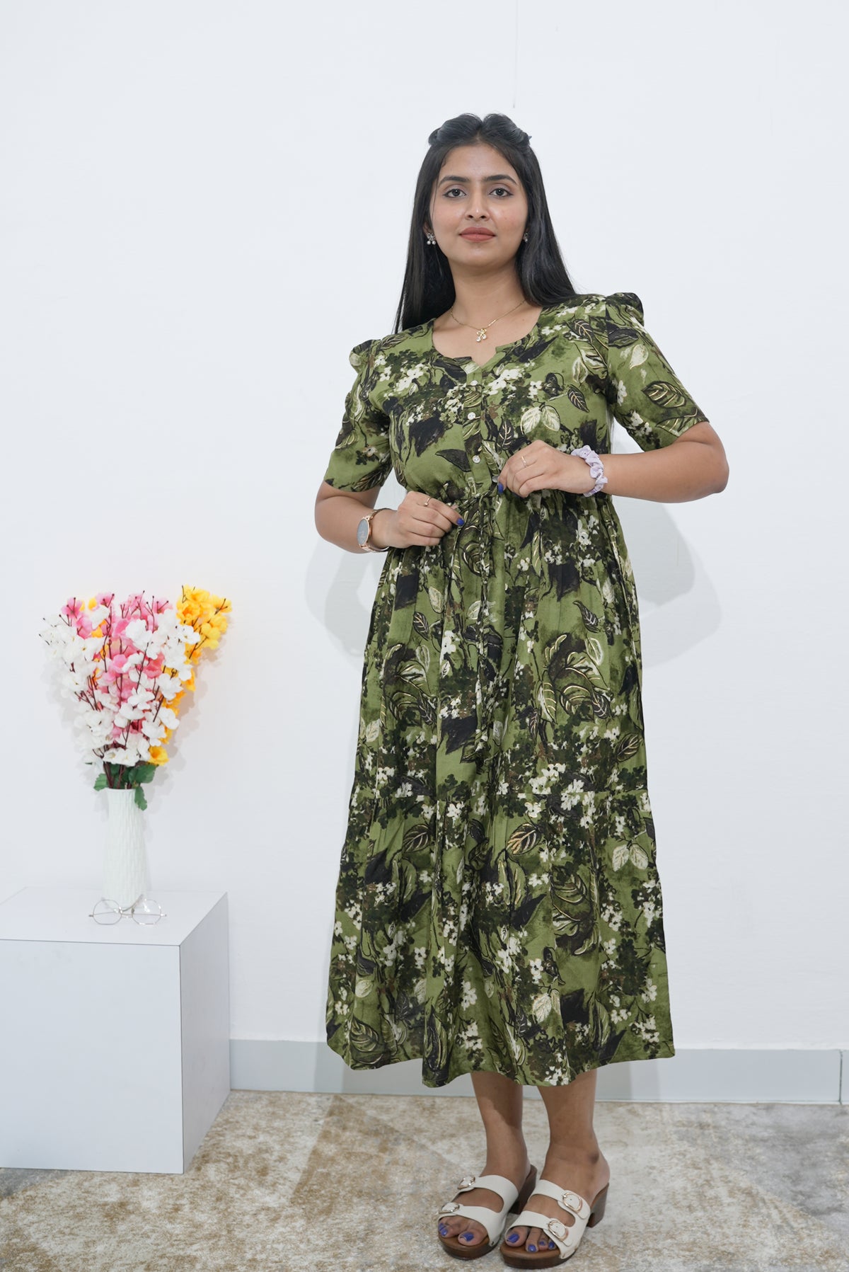 Rayon Colourful Foil Printing Gathering Frock Model Nighties | Side Pocket and Gathering Front Rope | Fancy Sleeve & Maxi Frock Nightwear for Stylish Women's (FGF)