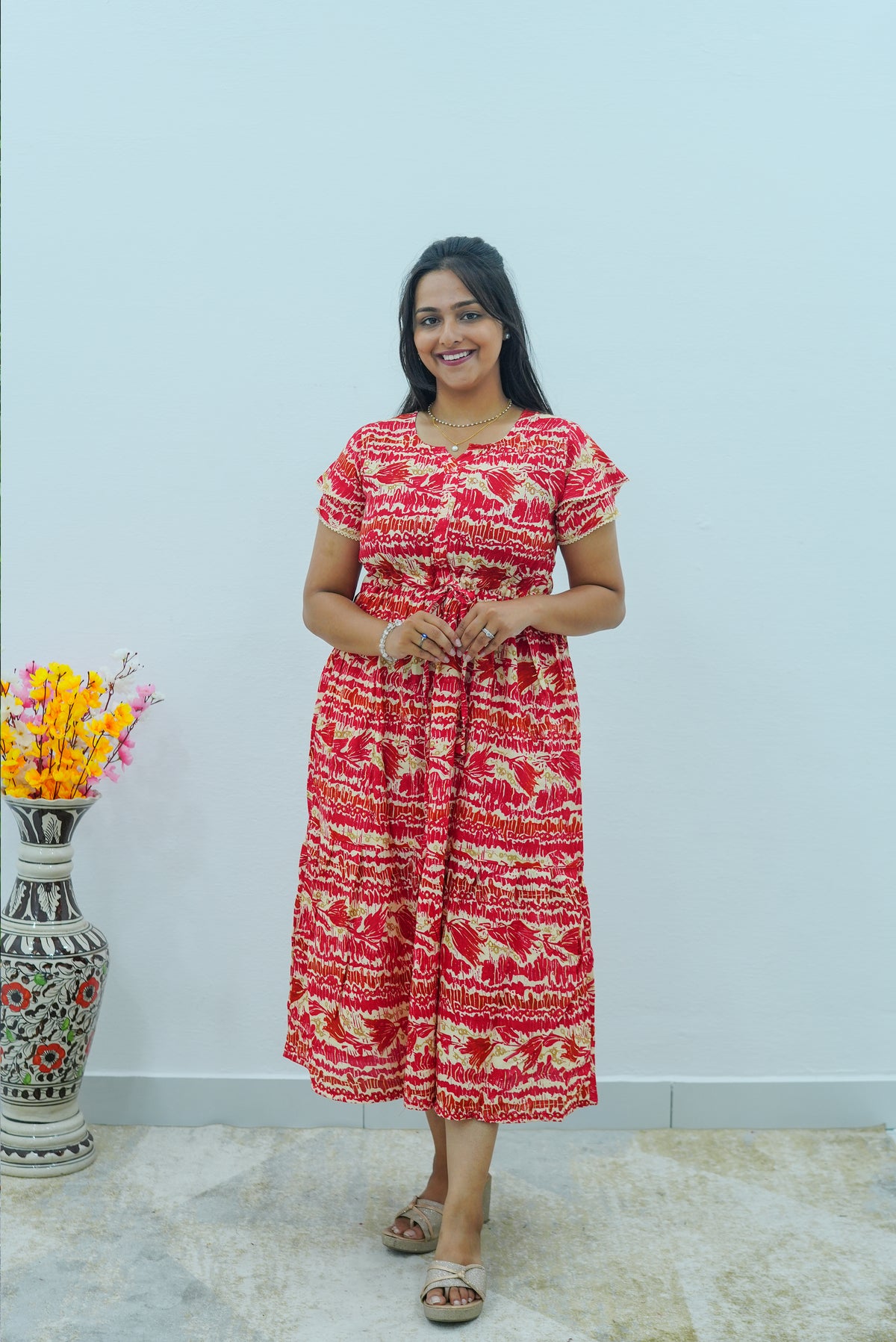 Turquoise Wave Rayon Foil Print Maxi Frock – Double Frill Sleeve Summer Dress with Adjustable Waist & Side Pockets MAXI Frock