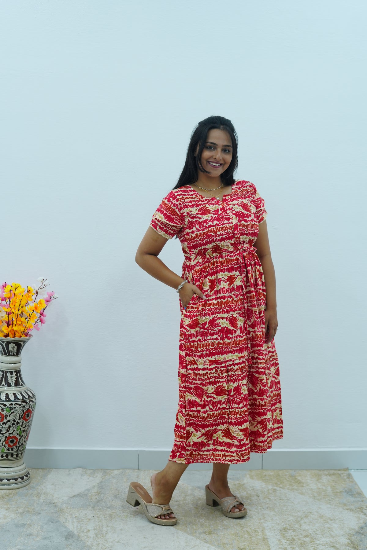 Turquoise Wave Rayon Foil Print Maxi Frock – Double Frill Sleeve Summer Dress with Adjustable Waist & Side Pockets MAXI Frock