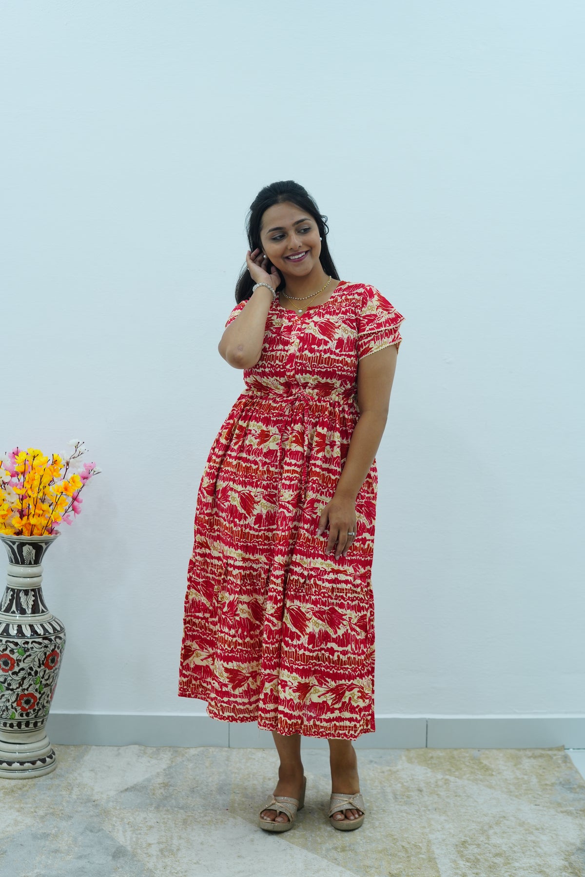 Turquoise Wave Rayon Foil Print Maxi Frock – Double Frill Sleeve Summer Dress with Adjustable Waist & Side Pockets MAXI Frock