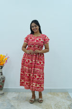 Turquoise Wave Rayon Foil Print Maxi Frock – Double Frill Sleeve Summer Dress with Adjustable Waist & Side Pockets MAXI Frock