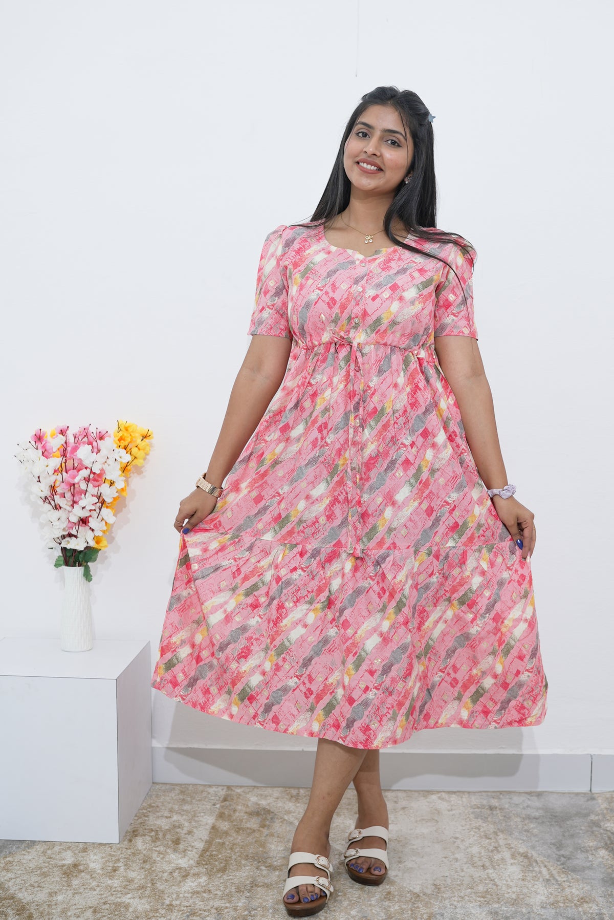 Rayon Colourful Foil Printing Gathering Frock Model Nighties | Side Pocket and Gathering Front Rope | Fancy Sleeve & Maxi Frock Nightwear for Stylish Women's (FGF)