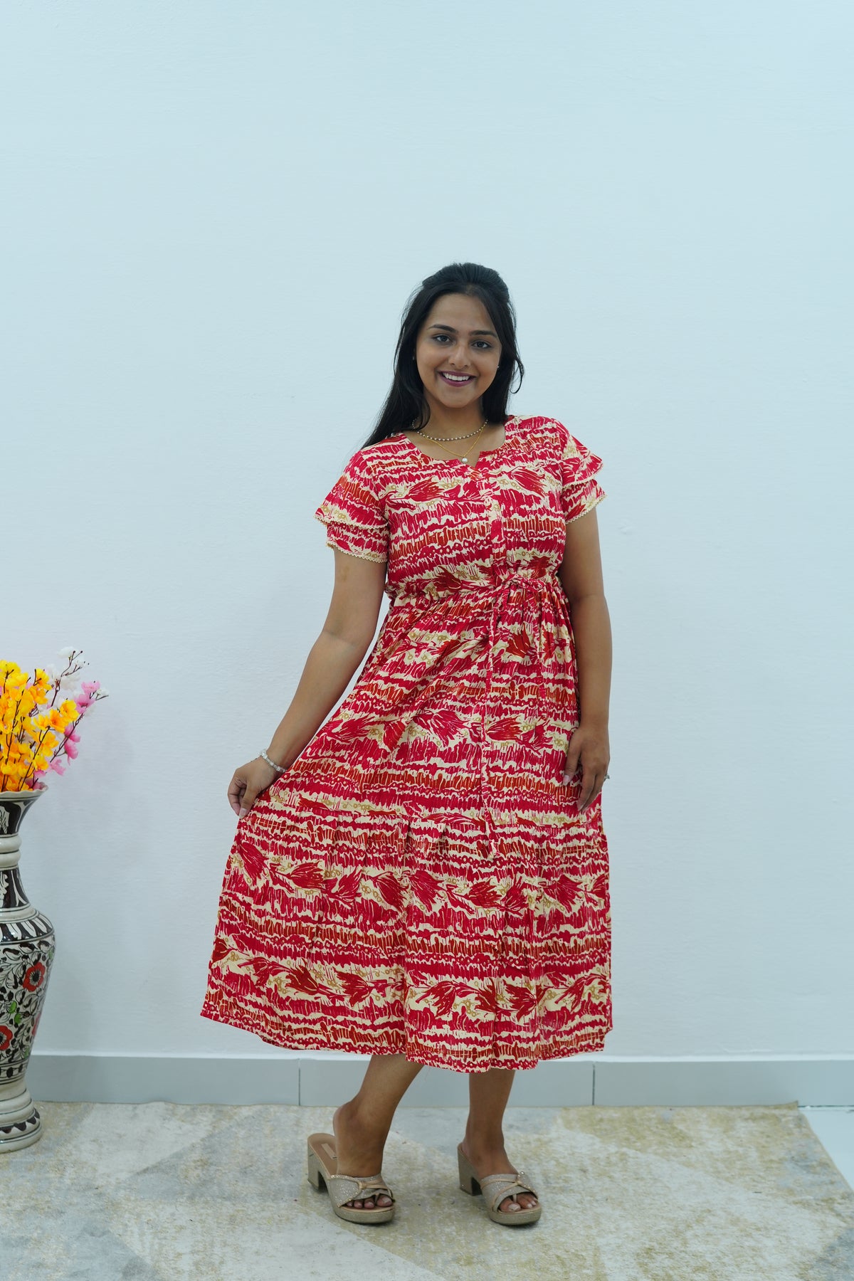 Turquoise Wave Rayon Foil Print Maxi Frock – Double Frill Sleeve Summer Dress with Adjustable Waist & Side Pockets MAXI Frock