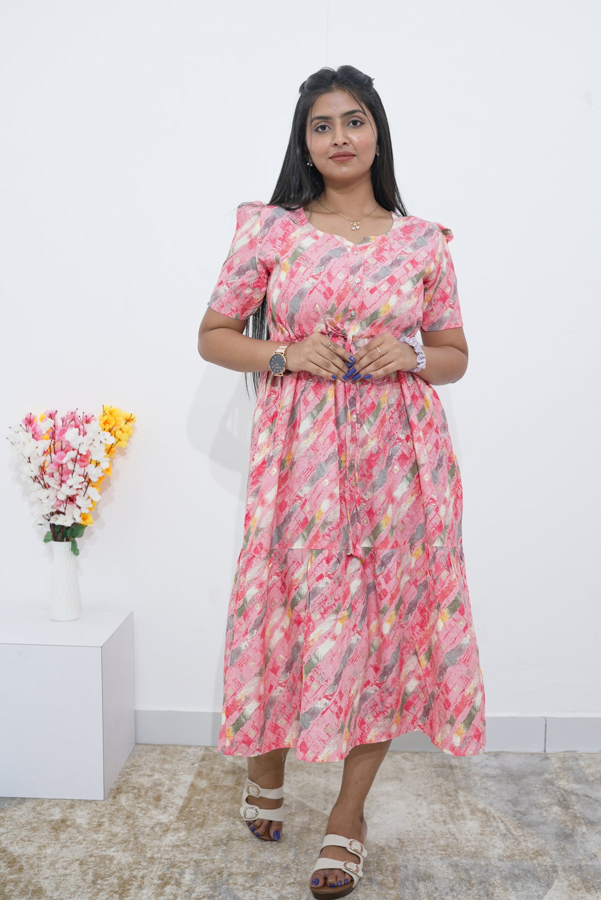 Rayon Colourful Foil Printing Gathering Frock Model Nighties | Side Pocket and Gathering Front Rope | Fancy Sleeve & Maxi Frock Nightwear for Stylish Women's (FGF)