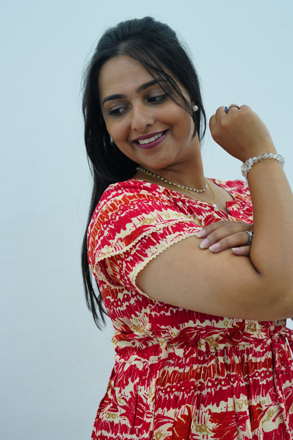 Turquoise Wave Rayon Foil Print Maxi Frock – Double Frill Sleeve Summer Dress with Adjustable Waist & Side Pockets MAXI Frock