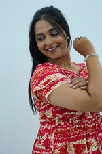 Turquoise Wave Rayon Foil Print Maxi Frock – Double Frill Sleeve Summer Dress with Adjustable Waist & Side Pockets MAXI Frock