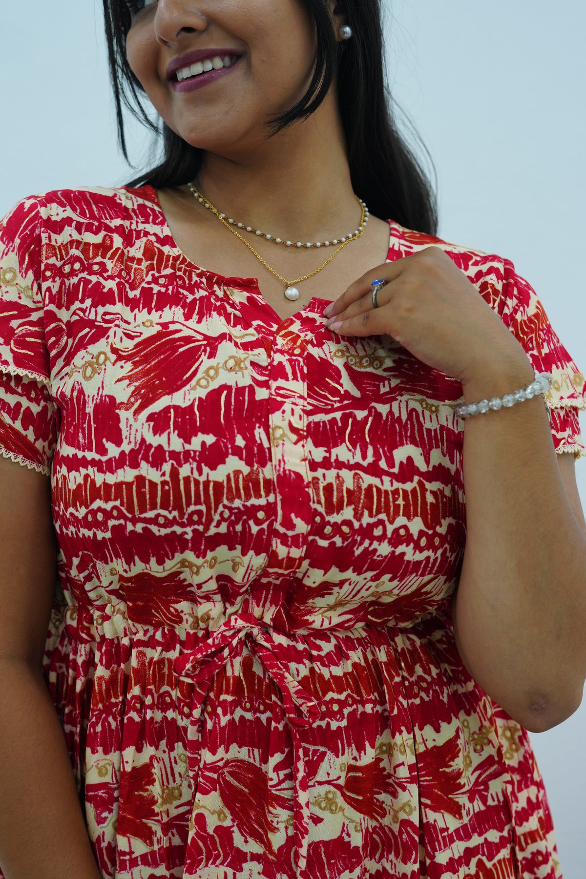 Turquoise Wave Rayon Foil Print Maxi Frock – Double Frill Sleeve Summer Dress with Adjustable Waist & Side Pockets MAXI Frock