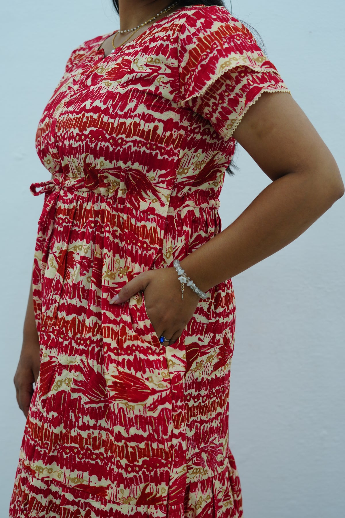 Turquoise Wave Rayon Foil Print Maxi Frock – Double Frill Sleeve Summer Dress with Adjustable Waist & Side Pockets MAXI Frock