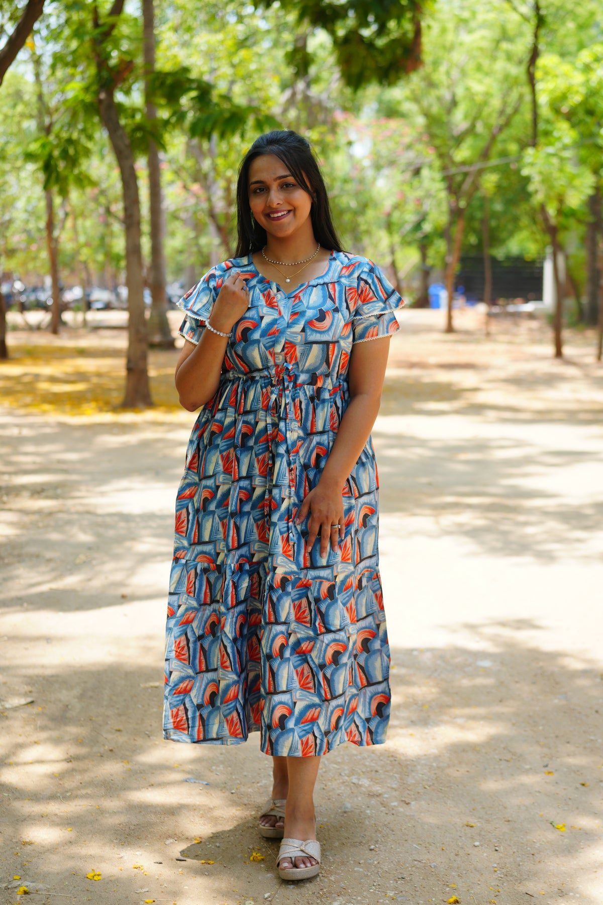 Azure Geometric Rayon Foil Maxi Frock – Double Layer Frill Sleeve Summer Dress with Adjustable Drawstring Waist & Pockets - Lightweight Breathable Fabric Stylish MAXI Frock