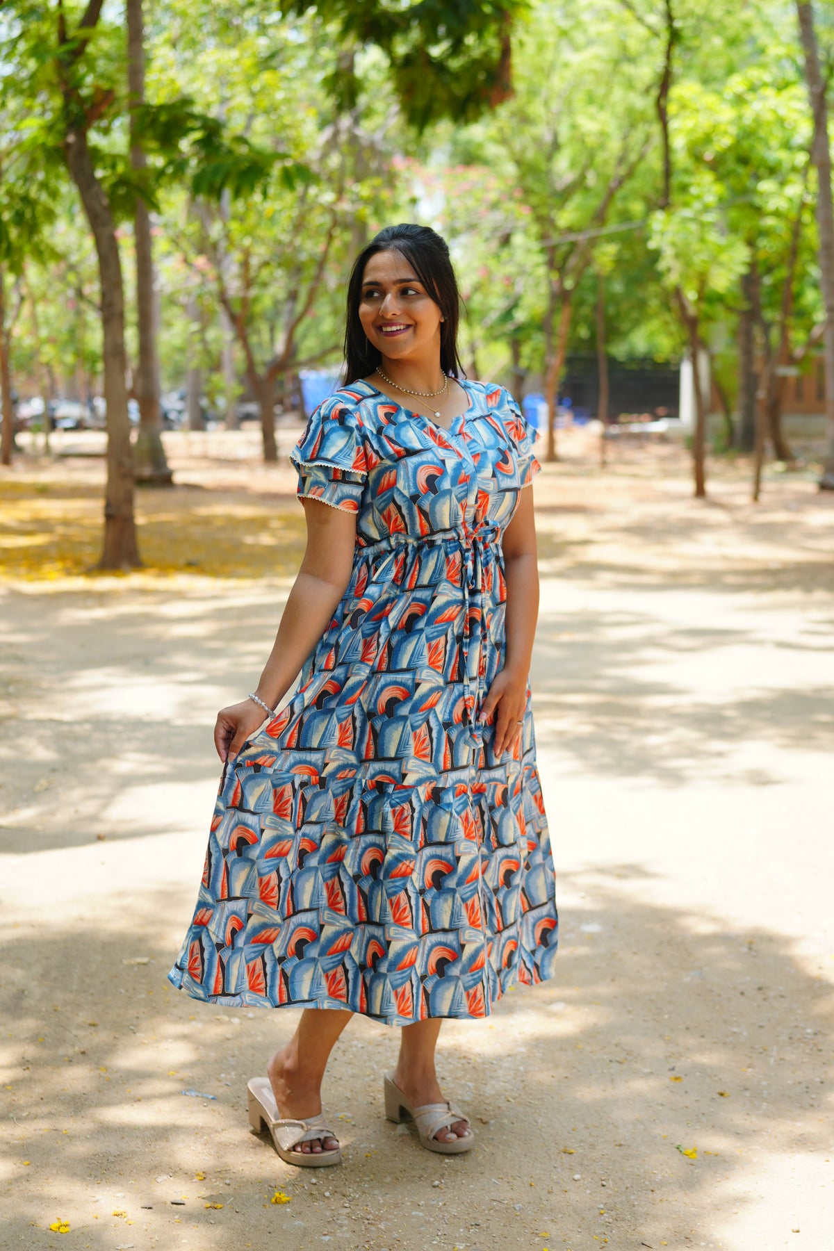 Azure Geometric Rayon Foil Maxi Frock – Double Layer Frill Sleeve Summer Dress with Adjustable Drawstring Waist & Pockets - Lightweight Breathable Fabric Stylish MAXI Frock