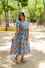 Azure Geometric Rayon Foil Maxi Frock – Double Layer Frill Sleeve Summer Dress with Adjustable Drawstring Waist & Pockets - Lightweight Breathable Fabric Stylish MAXI Frock