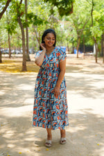 Azure Geometric Rayon Foil Maxi Frock – Double Layer Frill Sleeve Summer Dress with Adjustable Drawstring Waist & Pockets - Lightweight Breathable Fabric Stylish MAXI Frock