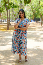 Azure Geometric Rayon Foil Maxi Frock – Double Layer Frill Sleeve Summer Dress with Adjustable Drawstring Waist & Pockets - Lightweight Breathable Fabric Stylish MAXI Frock