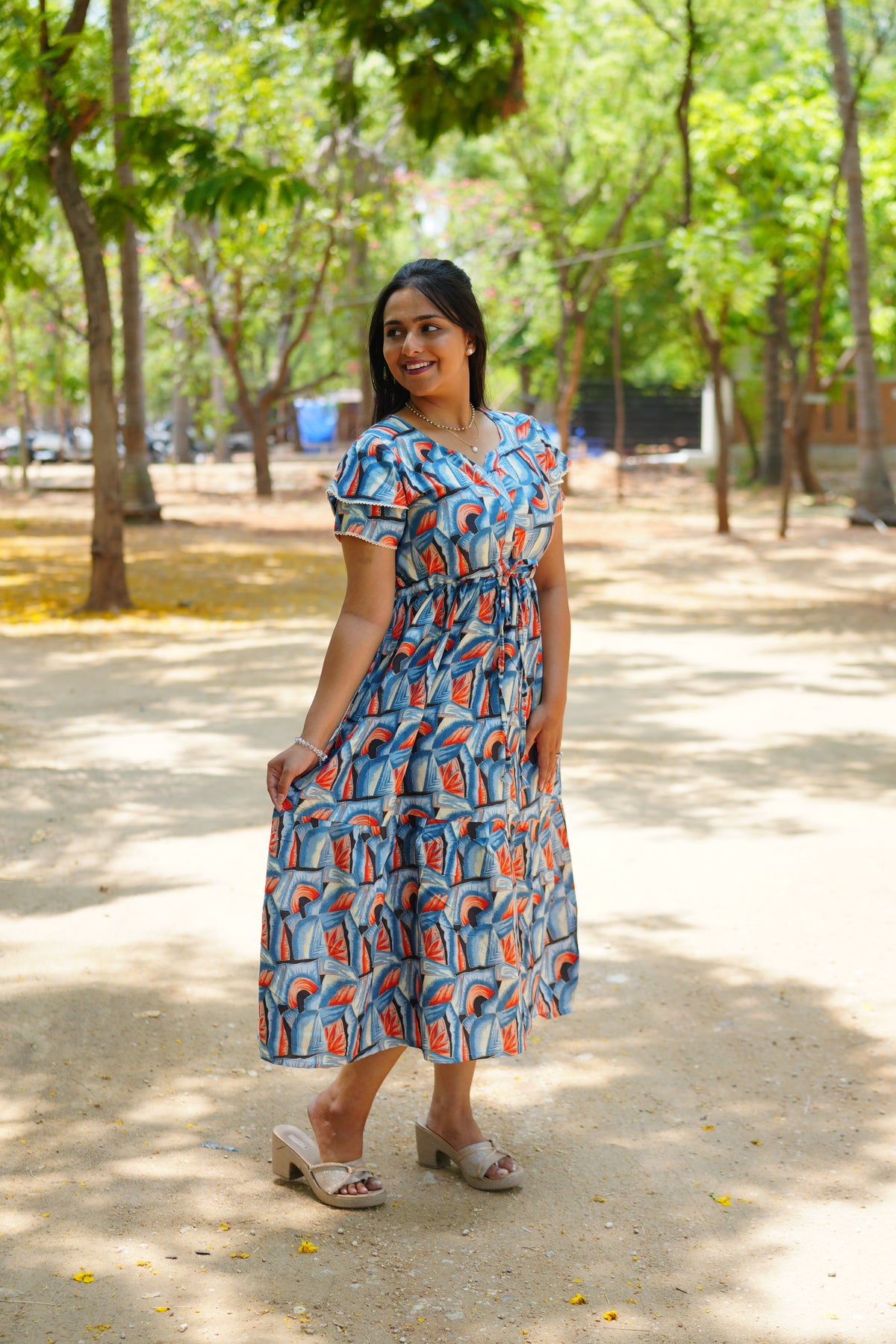 Azure Geometric Rayon Foil Maxi Frock – Double Layer Frill Sleeve Summer Dress with Adjustable Drawstring Waist & Pockets - Lightweight Breathable Fabric Stylish MAXI Frock