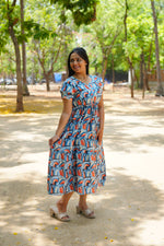 Azure Geometric Rayon Foil Maxi Frock – Double Layer Frill Sleeve Summer Dress with Adjustable Drawstring Waist & Pockets - Lightweight Breathable Fabric Stylish MAXI Frock