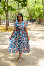 Azure Geometric Rayon Foil Maxi Frock – Double Layer Frill Sleeve Summer Dress with Adjustable Drawstring Waist & Pockets - Lightweight Breathable Fabric Stylish MAXI Frock