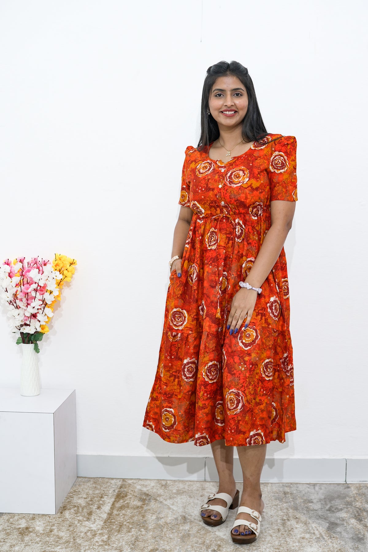 Rayon Colourful Foil Printing Gathering Frock Model Nighties | Side Pocket and Gathering Front Rope | Fancy Sleeve & Maxi Frock Nightwear for Stylish Women's (FGF)