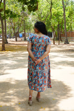 Azure Geometric Rayon Foil Maxi Frock – Double Layer Frill Sleeve Summer Dress with Adjustable Drawstring Waist & Pockets - Lightweight Breathable Fabric Stylish MAXI Frock