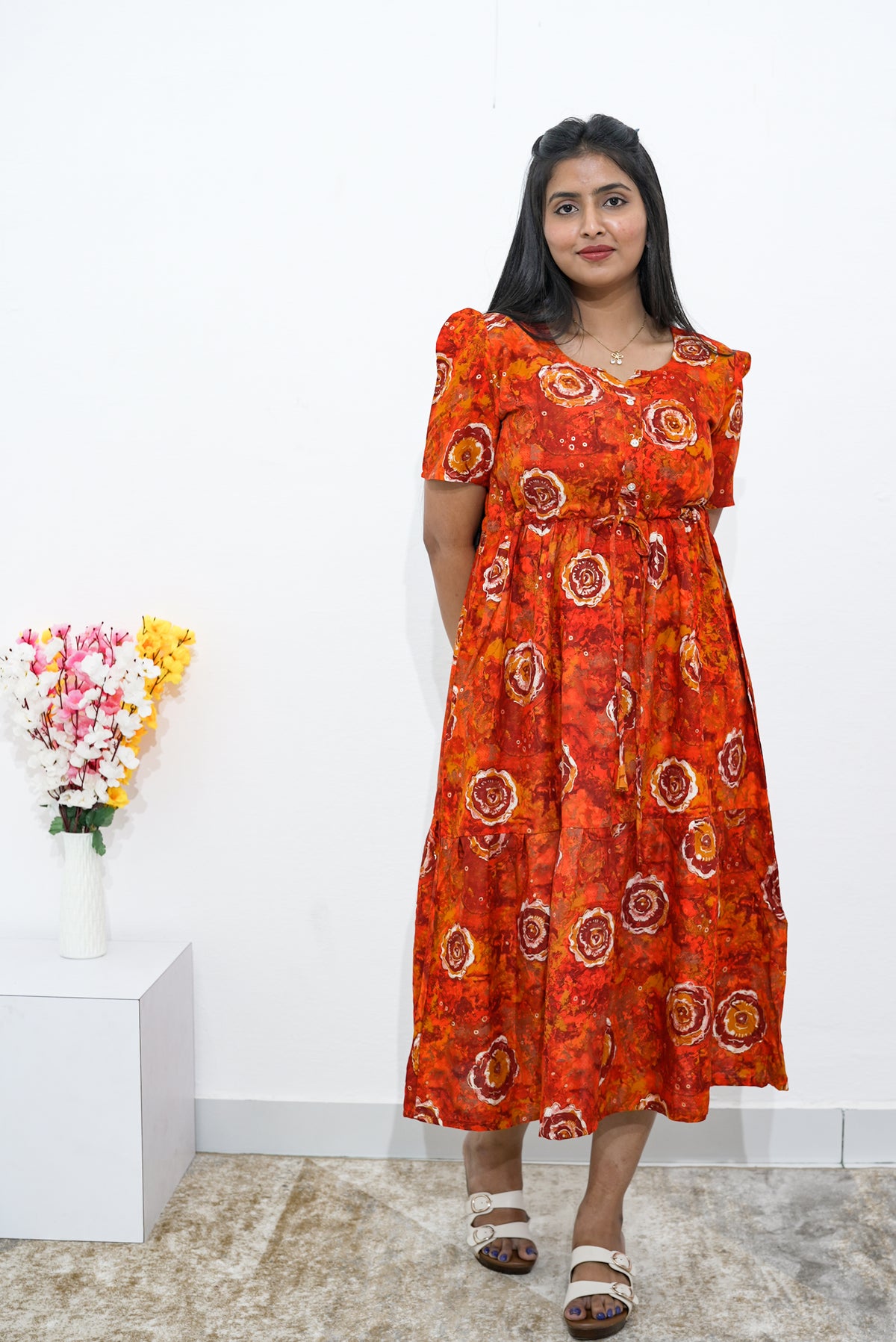 Rayon Colourful Foil Printing Gathering Frock Model Nighties | Side Pocket and Gathering Front Rope | Fancy Sleeve & Maxi Frock Nightwear for Stylish Women's (FGF)