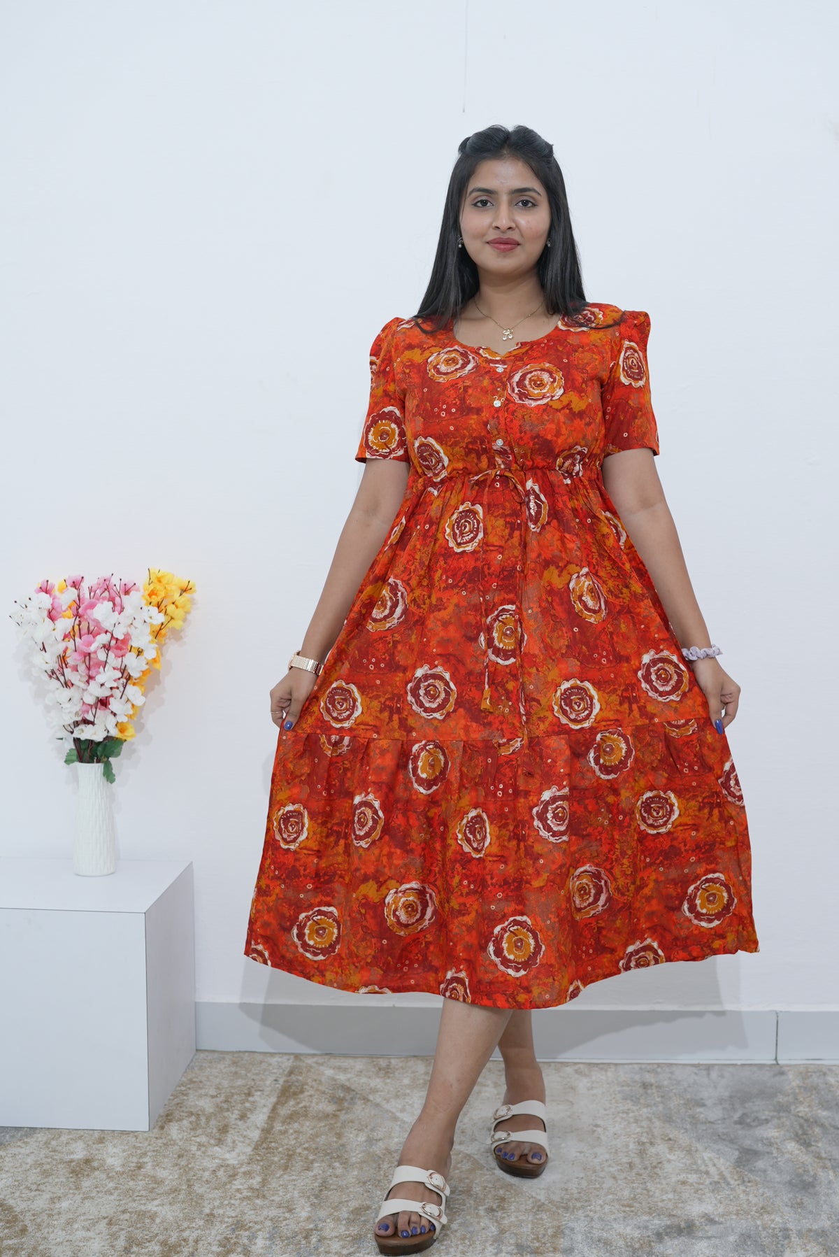 Rayon Colourful Foil Printing Gathering Frock Model Nighties | Side Pocket and Gathering Front Rope | Fancy Sleeve & Maxi Frock Nightwear for Stylish Women's (FGF)