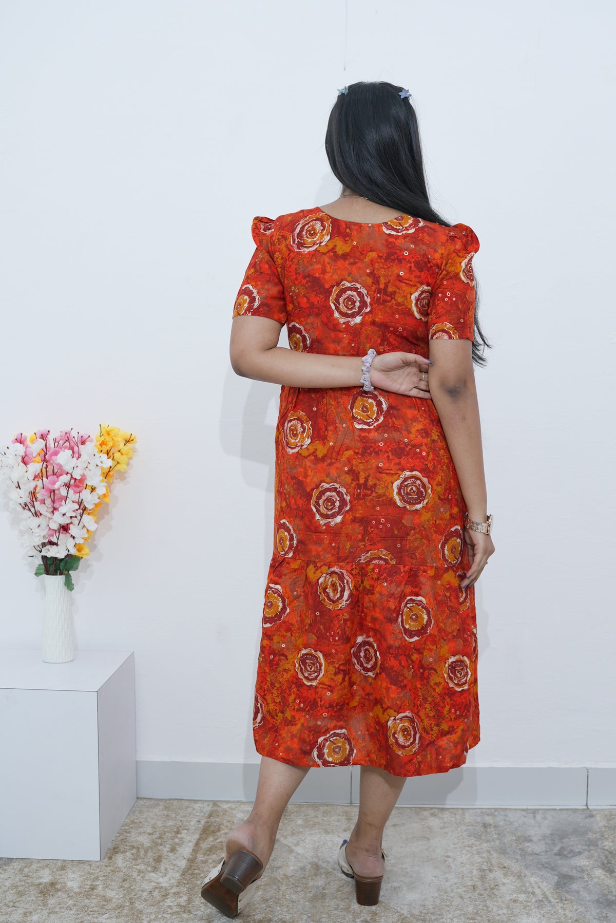 Rayon Colourful Foil Printing Gathering Frock Model Nighties | Side Pocket and Gathering Front Rope | Fancy Sleeve & Maxi Frock Nightwear for Stylish Women's (FGF)