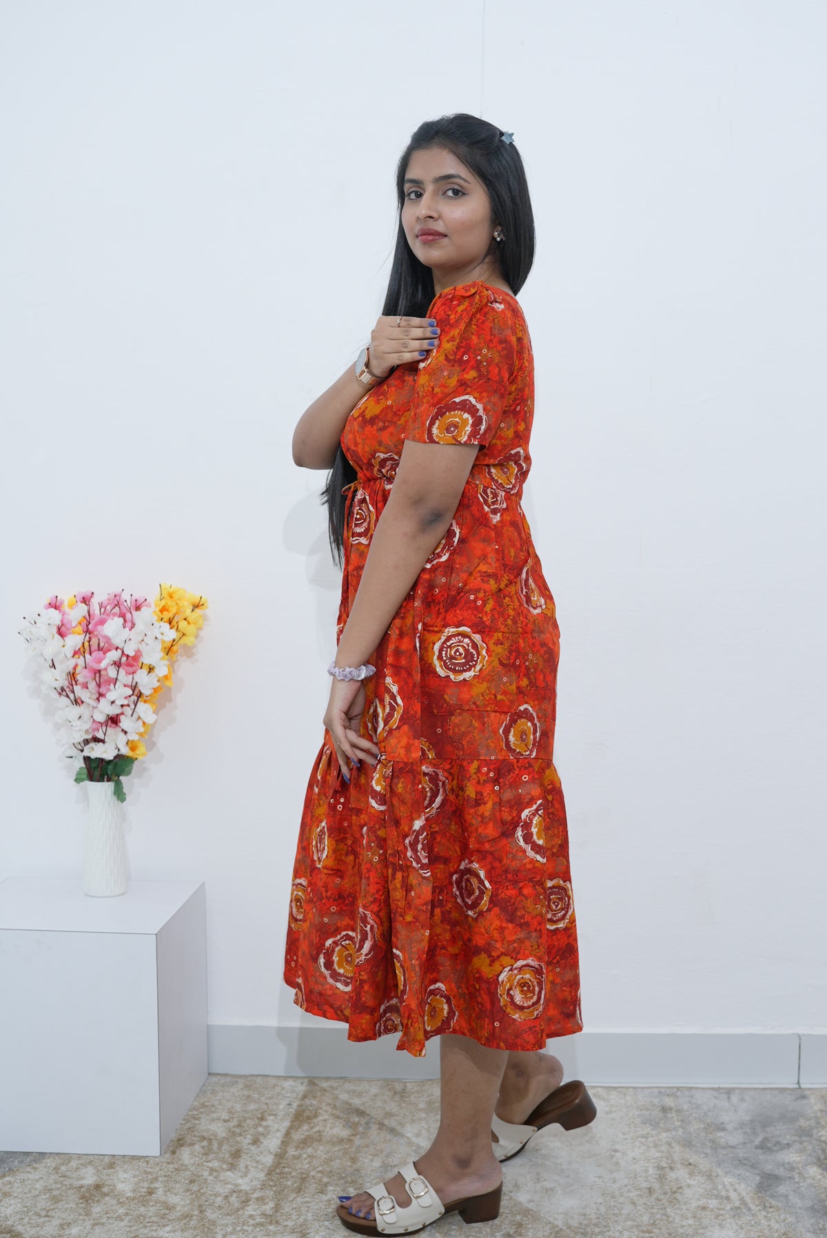 Rayon Colourful Foil Printing Gathering Frock Model Nighties | Side Pocket and Gathering Front Rope | Fancy Sleeve & Maxi Frock Nightwear for Stylish Women's (FGF)