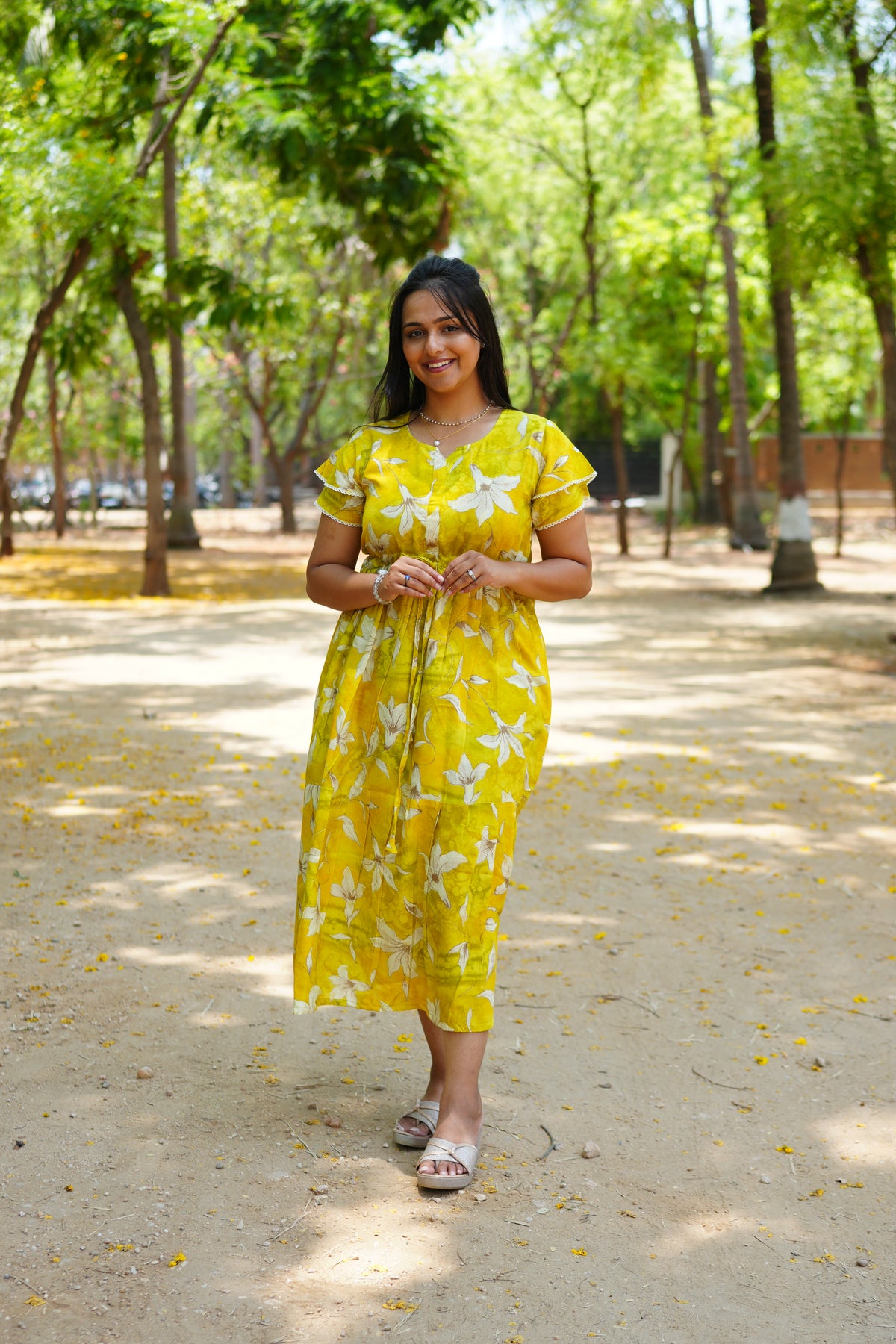 Radiant Fuchsia Lily Rayon Foil Maxi Frock – Butterfly Frill Sleeve Summer Dress with Adjustable Tie Waist & Pockets - Foil Embellished Design MAXI Frock