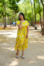 Radiant Fuchsia Lily Rayon Foil Maxi Frock – Butterfly Frill Sleeve Summer Dress with Adjustable Tie Waist & Pockets - Foil Embellished Design MAXI Frock