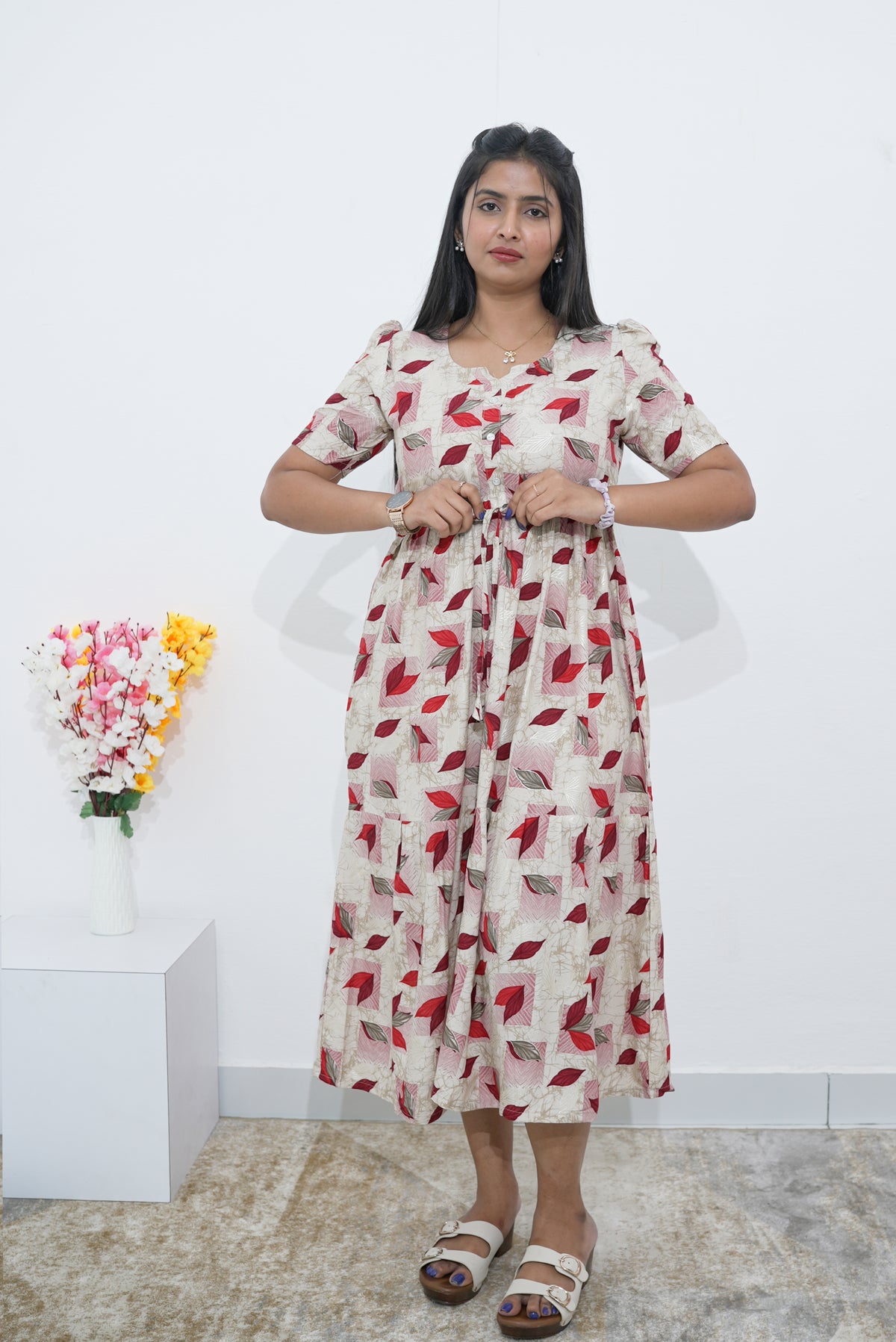 Rayon Colourful Foil Printing Gathering Frock Model Nighties | Side Pocket and Gathering Front Rope | Fancy Sleeve & Maxi Frock Nightwear for Stylish Women's (FGF)