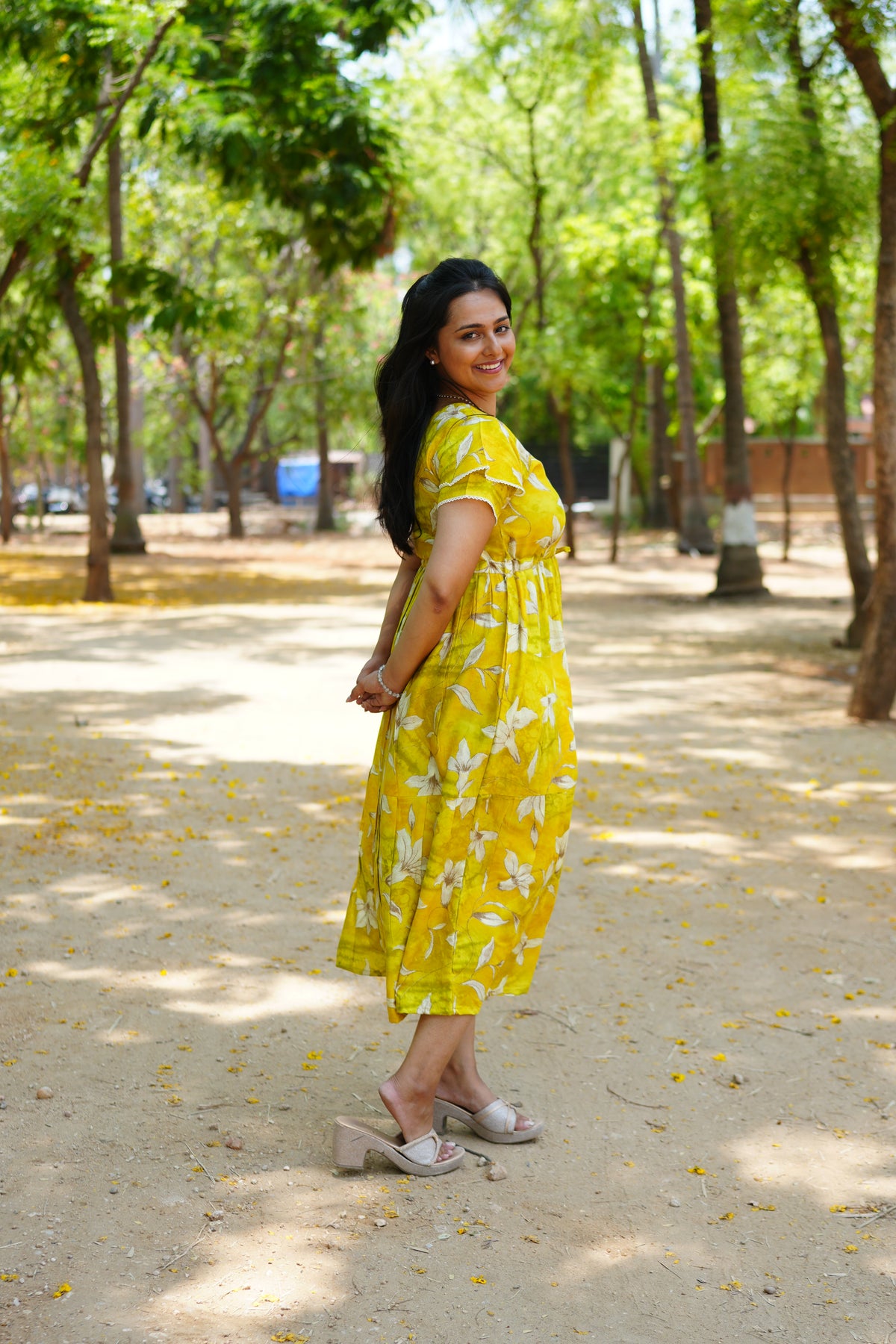 Radiant Fuchsia Lily Rayon Foil Maxi Frock – Butterfly Frill Sleeve Summer Dress with Adjustable Tie Waist & Pockets - Foil Embellished Design MAXI Frock