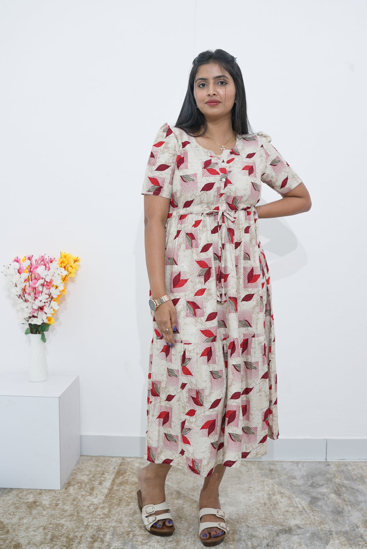 Rayon Colourful Foil Printing Gathering Frock Model Nighties | Side Pocket and Gathering Front Rope | Fancy Sleeve & Maxi Frock Nightwear for Stylish Women's (FGF)