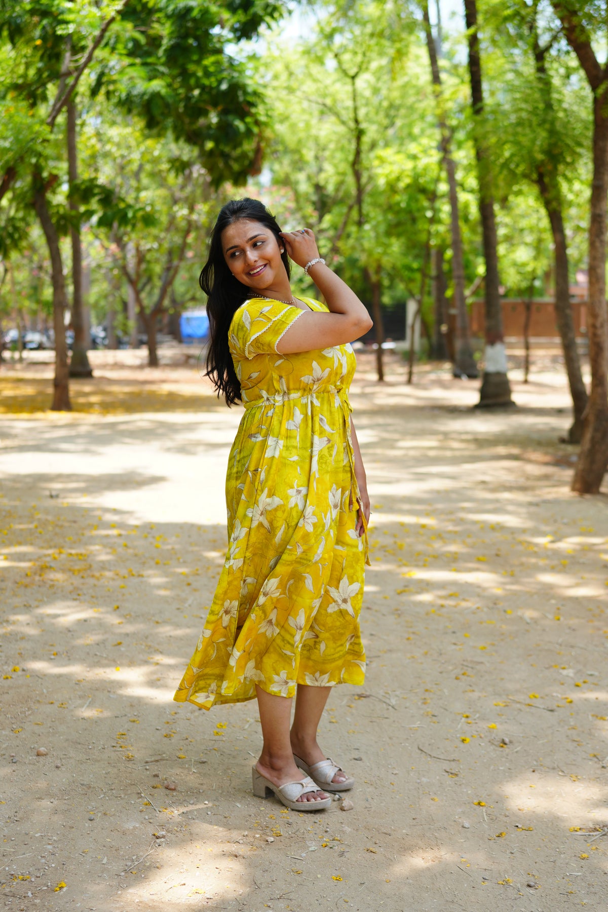 Radiant Fuchsia Lily Rayon Foil Maxi Frock – Butterfly Frill Sleeve Summer Dress with Adjustable Tie Waist & Pockets - Foil Embellished Design MAXI Frock