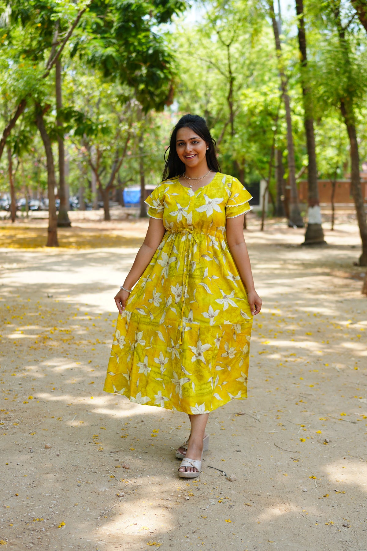 Radiant Fuchsia Lily Rayon Foil Maxi Frock – Butterfly Frill Sleeve Summer Dress with Adjustable Tie Waist & Pockets - Foil Embellished Design MAXI Frock