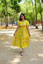 Radiant Fuchsia Lily Rayon Foil Maxi Frock – Butterfly Frill Sleeve Summer Dress with Adjustable Tie Waist & Pockets - Foil Embellished Design MAXI Frock