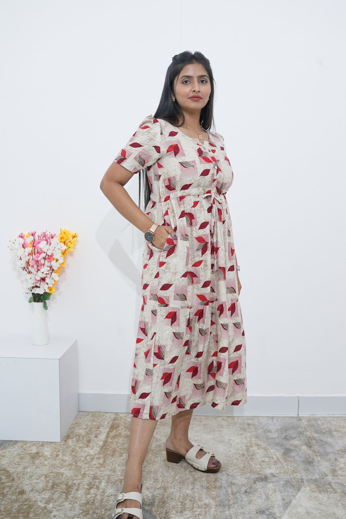 Rayon Colourful Foil Printing Gathering Frock Model Nighties | Side Pocket and Gathering Front Rope | Fancy Sleeve & Maxi Frock Nightwear for Stylish Women's (FGF)