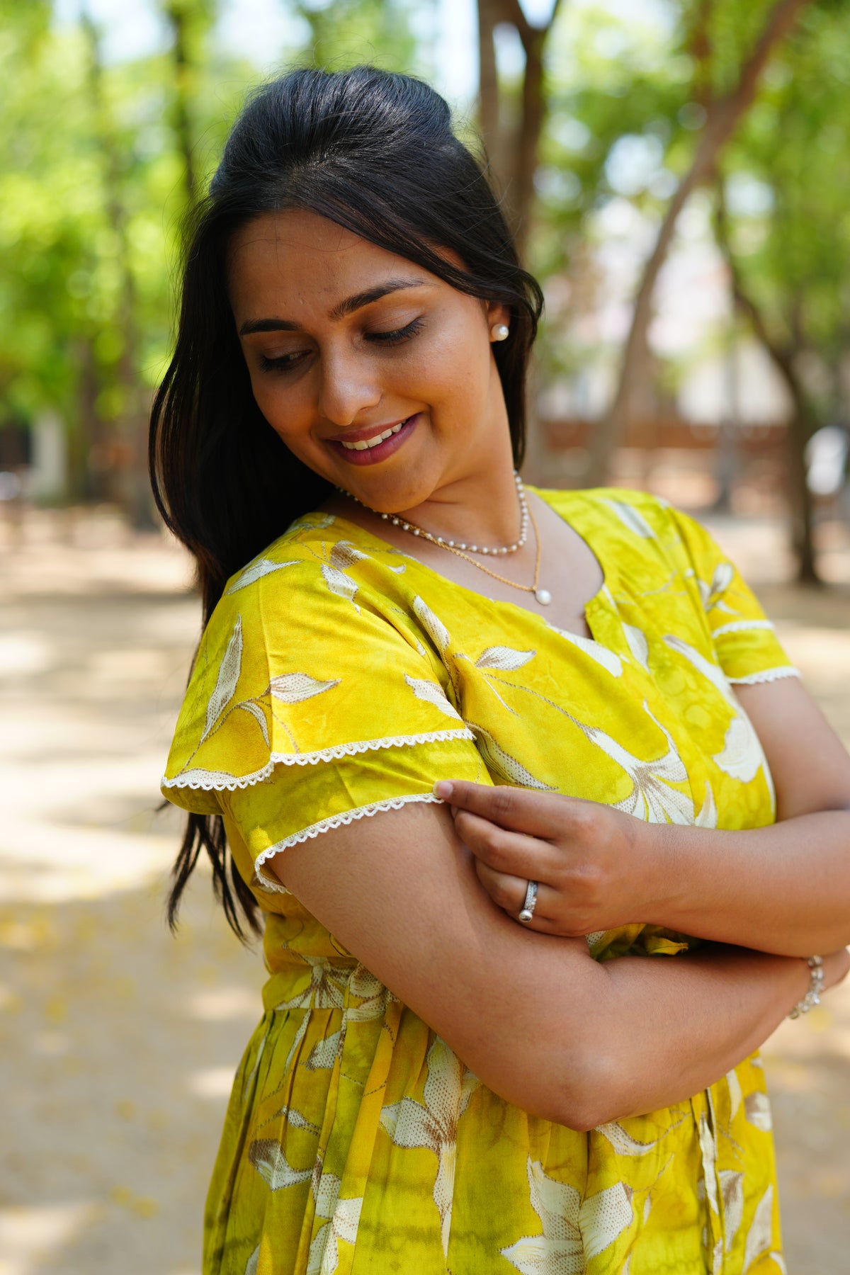 Radiant Fuchsia Lily Rayon Foil Maxi Frock – Butterfly Frill Sleeve Summer Dress with Adjustable Tie Waist & Pockets - Foil Embellished Design MAXI Frock