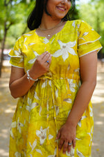 Radiant Fuchsia Lily Rayon Foil Maxi Frock – Butterfly Frill Sleeve Summer Dress with Adjustable Tie Waist & Pockets - Foil Embellished Design MAXI Frock