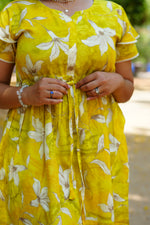 Radiant Fuchsia Lily Rayon Foil Maxi Frock – Butterfly Frill Sleeve Summer Dress with Adjustable Tie Waist & Pockets - Foil Embellished Design MAXI Frock