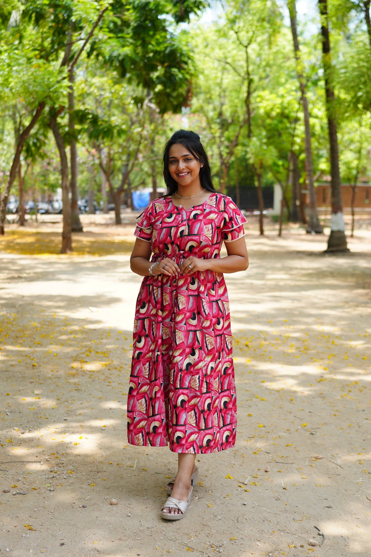 Azure Geometric Rayon Foil Maxi Frock – Double Layer Frill Sleeve Summer Dress with Adjustable Drawstring Waist & Pockets - Lightweight Breathable Fabric Stylish MAXI Frock