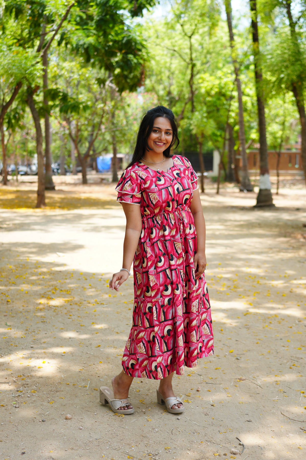 Azure Geometric Rayon Foil Maxi Frock – Double Layer Frill Sleeve Summer Dress with Adjustable Drawstring Waist & Pockets - Lightweight Breathable Fabric Stylish MAXI Frock