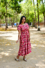 Azure Geometric Rayon Foil Maxi Frock – Double Layer Frill Sleeve Summer Dress with Adjustable Drawstring Waist & Pockets - Lightweight Breathable Fabric Stylish MAXI Frock