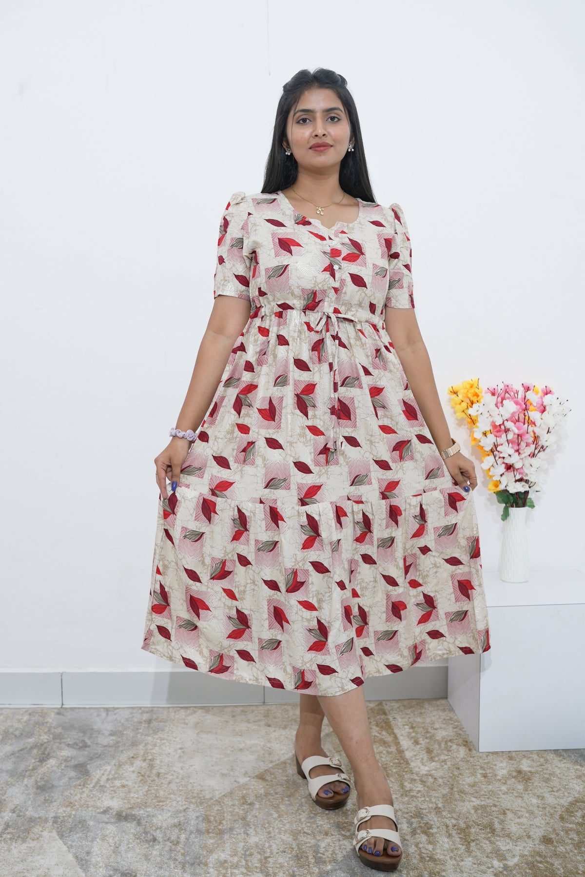Rayon Colourful Foil Printing Gathering Frock Model Nighties | Side Pocket and Gathering Front Rope | Fancy Sleeve & Maxi Frock Nightwear for Stylish Women's (FGF)