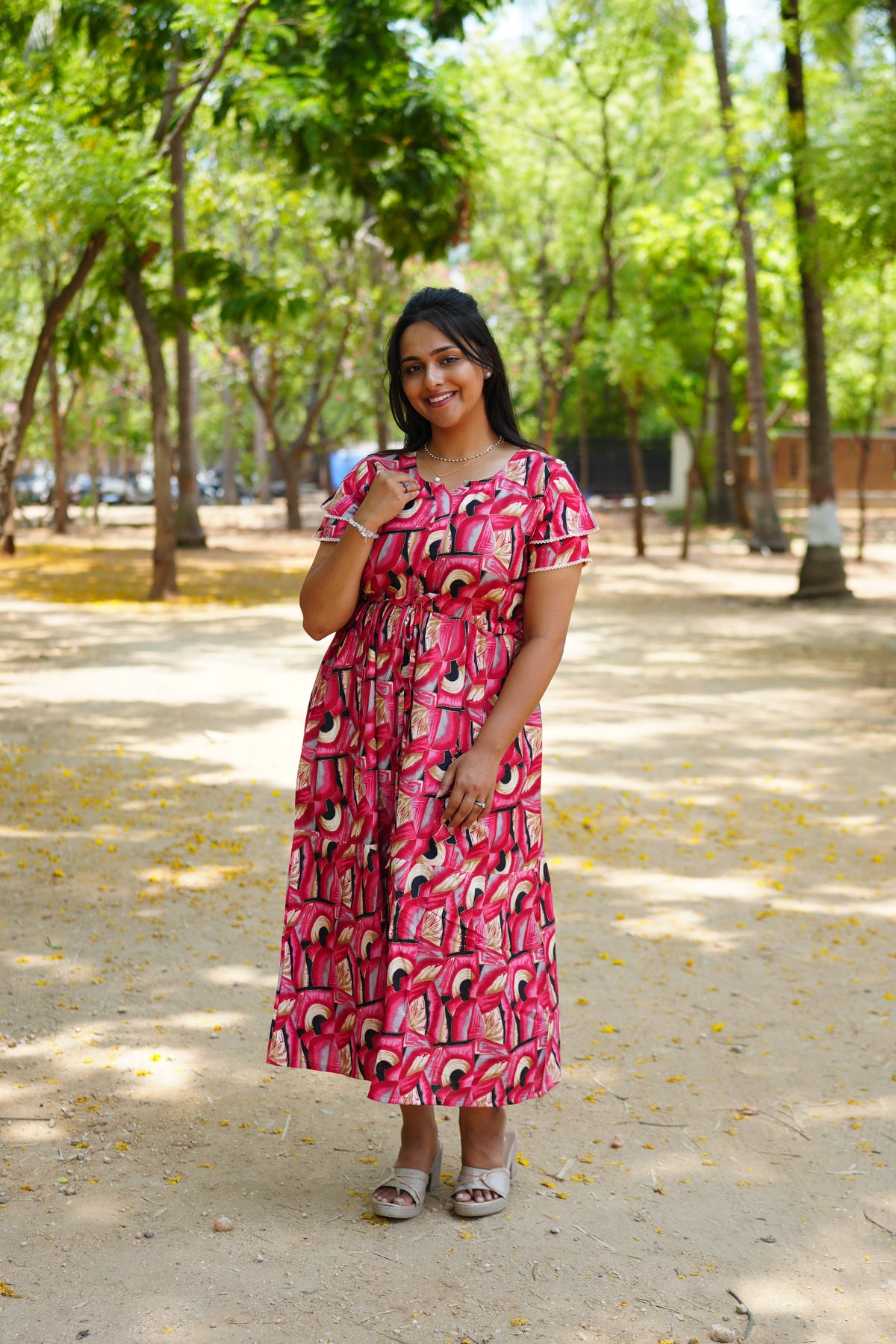 Azure Geometric Rayon Foil Maxi Frock – Double Layer Frill Sleeve Summer Dress with Adjustable Drawstring Waist & Pockets - Lightweight Breathable Fabric Stylish MAXI Frock