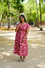 Azure Geometric Rayon Foil Maxi Frock – Double Layer Frill Sleeve Summer Dress with Adjustable Drawstring Waist & Pockets - Lightweight Breathable Fabric Stylish MAXI Frock