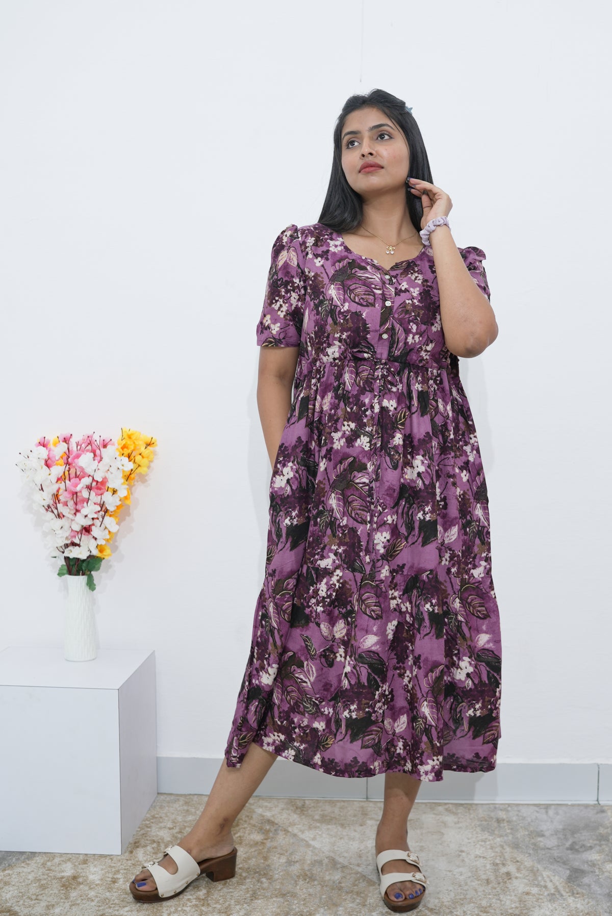 Rayon Colourful Foil Printing Gathering Frock Model Nighties | Side Pocket and Gathering Front Rope | Fancy Sleeve & Maxi Frock Nightwear for Stylish Women's (FGF)