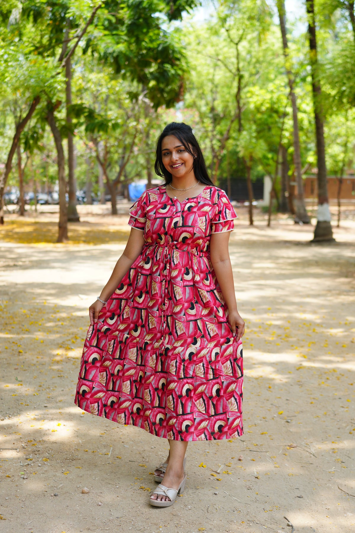 Azure Geometric Rayon Foil Maxi Frock – Double Layer Frill Sleeve Summer Dress with Adjustable Drawstring Waist & Pockets - Lightweight Breathable Fabric Stylish MAXI Frock