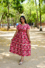 Azure Geometric Rayon Foil Maxi Frock – Double Layer Frill Sleeve Summer Dress with Adjustable Drawstring Waist & Pockets - Lightweight Breathable Fabric Stylish MAXI Frock