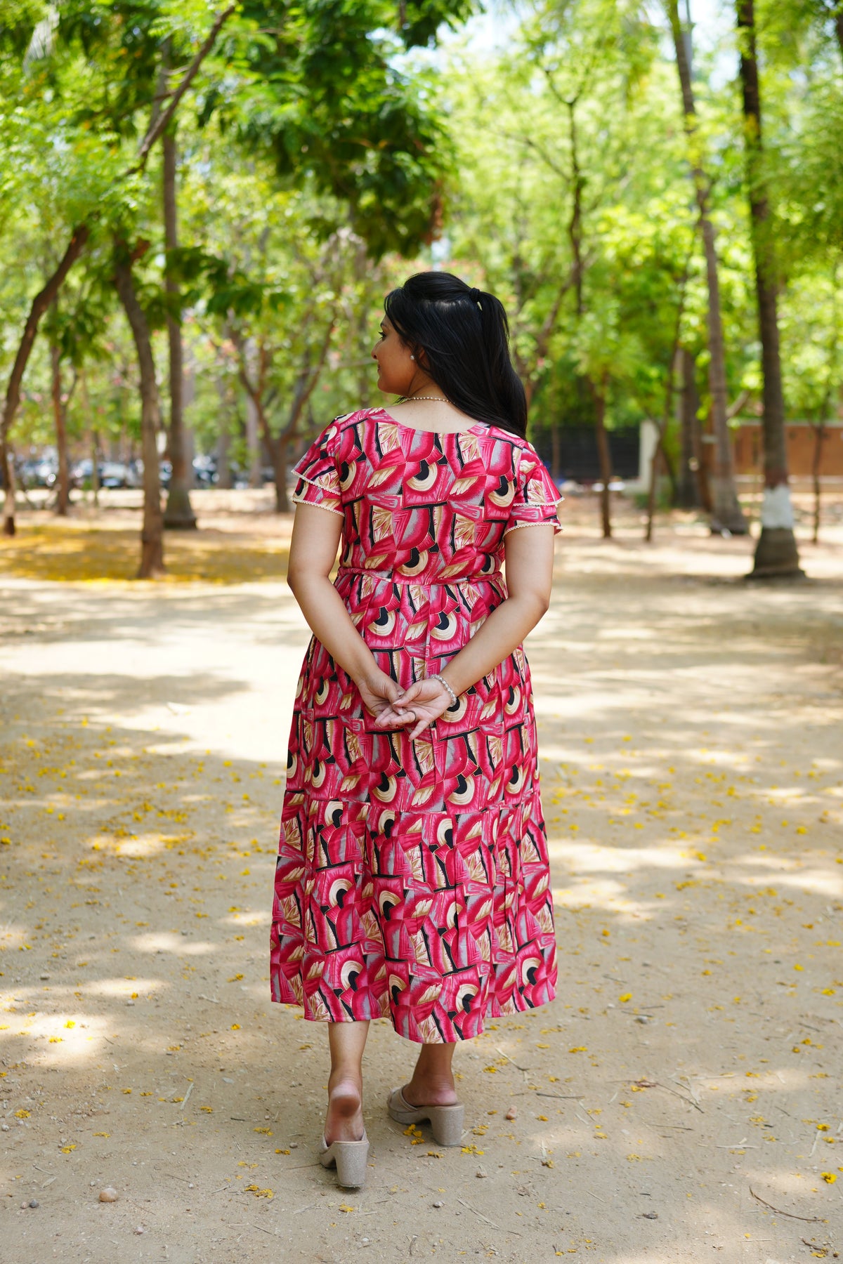 Azure Geometric Rayon Foil Maxi Frock – Double Layer Frill Sleeve Summer Dress with Adjustable Drawstring Waist & Pockets - Lightweight Breathable Fabric Stylish MAXI Frock