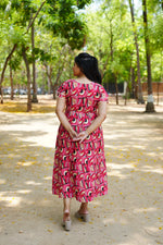 Azure Geometric Rayon Foil Maxi Frock – Double Layer Frill Sleeve Summer Dress with Adjustable Drawstring Waist & Pockets - Lightweight Breathable Fabric Stylish MAXI Frock